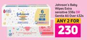 Johnson's Baby Wipes Extra Sensitive 336s Or Gentle All Over 432s-For 2