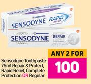 Sensodyne Toothpaste 75ml Repair & Protect, Rapid Relief Complete Protection Or Regular-For 2