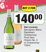 van Loveren Sauvignon Blanc, Daydream Chardonnay Pinot Noir,Chenin No.5 Or Chardonnay-For 2 x 750ml