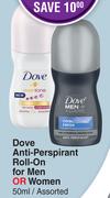 Dove Anti Perspirant Roll On For Men Or Women Assorted-For 2 x 50ml