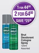 Brut Deodorant Cologne Spray Assorted-For 2 x 120ml