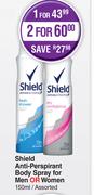 Shield Anti-Perspirant Body Spray For Men Or Women Assorted-For 2 X 150ml