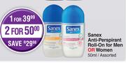 Sanex Anti-Prespirant Roll-On For Men or Women Assorted-For 1 x 50ml