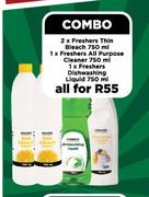 2xFreshers Thin Bleach 750ml, Freshers All Purpose Cleaner 750ml & Dishwashing Liquid 750ml Combo