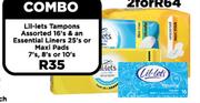 Lil-Lets Tampons Assorted 16's & An Essential Liners 25's Or Maxi Pads 7's,8's Or 10's-Per Combo