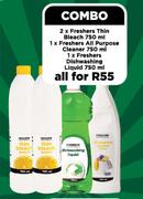 2xFreshers Thin Bleach 750ml, All Purpose Cleaner 750ml & Fresher Dishwashing Liquid 750ml-Per combo