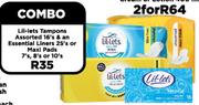 Lil-Lets tamppons Assorted 16's & An Essnetial Liners 25's Or Maxi Pads 7's,8's Or 10's-Per Combo