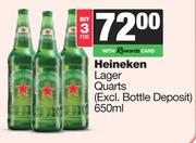 Heineken Lager Quarts (Excl Bottle Deposit)-For 3 x 650ml