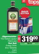 Jagermeister The Herbal Liqueur 750ml & Red Bull Energy Drink Cans 4 x 250ml-For Both Per Combo