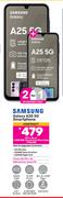 2 x Samsung Galaxy A25 5G Smartphone-On 1.3GB Red Top Up Core More Data + Flexi 80