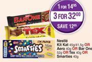 Nestle Kit Kat 45g/41.5g Or Aero 40g Or Bar One 52g Or Tex 40g Or Smarties 40g-For 3