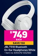 JBL T510 Bluetooth On Ear Headphones White-Each