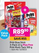 Pritt Glue Stick 3 Pack 43g Plus Free Pritt Multi Tack 100g-Per Bundle