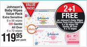 Johnson's Baby Wipes Value Pack Extra Sensitive 6x56 Wipes Or Gentle All Over 6x72 Wipes-Per Pack
