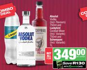 Absolut Vodka 750ml & Luckybird Cocktail Mixer (Incl. Variants) 750ml & Schweppes 1Ltr-For All 3
