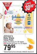 Johnson's Baby Wipes Value Pack Extra Sensitive 4 x 56 Wipes Or Gentle All Over 4 x 72 Wipes