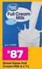 Great Value Full Cream Milk- 6 x 1Ltr