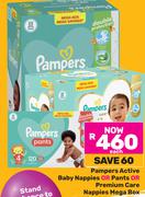 Pampers Active Baby Nappies Or Pants Or Premium Care Nappies Mega Box-Each