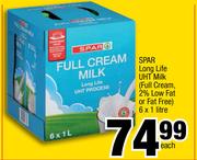 Spar Long Life UHT Milk(Full Cream, 2% Low Fat Or Fat Free)-6x1Ltr Each