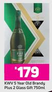 KWV 5 Year Old Brandy 750ml Plus 2 Glass Gift
