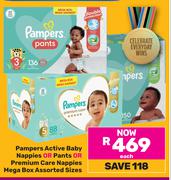 Pampers Active Baby Nappies Or Pants Or Premium Care Nappies Mega Box Assorted Sizes-Each