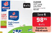 Clover UHT Long Life Milk (Full Cream Or Low Fat)-6 x 1Ltr Each
