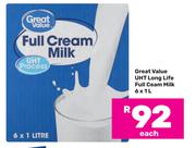 Great Value UHT Long Life Full Cream Milk-6 x 1L Each