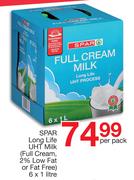 Spar Long Life UHT Milk Full Cream 2% Low Fat Or fat Free-6 x 1Ltr Per Pack