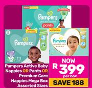 Pampers Active Baby Nappies Or Pants Or Premium Care Nappies Mega Box (Assorted Sizes)-Per Box