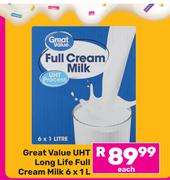 Great Value UHT Long Life Full Cream Milk-6 x 1Ltr