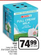 Spar UHT Long Life Milk (Full Cream, Low Fat Or Fat Free)-6 x 1Ltr Per Pack