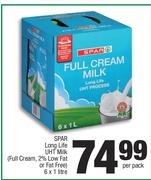 Spar Long Life UHT Milk (Full Cream, 2% Low Fat Or Fat Free)-6x1 Ltr Per Pack