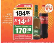 KWV 5 Year Old Brandy 750ml & Coca Cola 1L-Per Combo