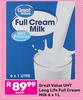 Great Value UHT Long Life Full Cream Milk-6 x 1Ltr Each