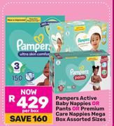 Pampers Active Baby Nappies Or Pants Or Premium Care Nappies Mega Box (Assorted Sizes)-Per Box
