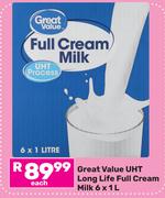 Great Value UHT Long Life Full Cream Milk-6 x 1Ltr Each