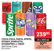 Coca Cola, Fanta, Sprite, Stoney, Sparletta, Schweppes Or Twist Soft Drink Cans-24 x 300ml