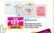 Johnson's Baby Extra Sensitive Wipes 336s Or Cotton Touch Wipes 432s-Per Pack