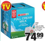 Spar UHT Long Life Milk (Full Cream, 2% Or Fat Free)-6 x 1 Ltr Per Pack