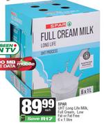 Spar UHT Long Life Milk (Full Cream, Low Fat or Fat Free)-6 x 1Ltr Each