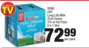 Spar UHT Long Life Milk (Full Cream,2% or Fat Free)-6 x 1 Ltr Per Pack