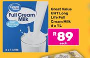 Great Value UHT Long Life Full Cream Milk-6 x 1L Each