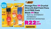 Bic Orange Fine Or Crystal Xtra Life Ball Point Pens 4+3 Free Pack Black Or Blue-Per Pack