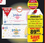 Johnsons Baby Wipes Value Pack Gentle All Over 432 Wipes Or Extra Sensitive 336 Wipes-Per Pack