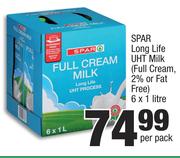 Spar Long Life UHT Milk (Full Cream, 2% Or Fat Free)-6x1Ltr Per Pack