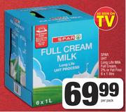 Spar UHT Long Life Milk (Full Cream, 2% Or Fat Free)-6x1Ltr Per Pack