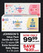 Johnson's Value Pack Gentle All Over 6 x 72 Wipes Or Extra Sensitive Baby Wipes-Per Pack