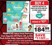 Pampers Value Pack Premium Care Nappies Or Pants Or Jumbo Pack Active Baby Nppies Or Pants-Per Pack