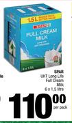 Spar UHT Long Life Full Cream Milk-6 x 1.5L Per Pack