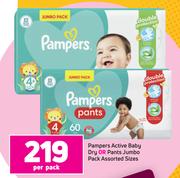 Pampers Active Baby Dry Or Pants Jumbo Pack Assorted Sizes-Per Pack